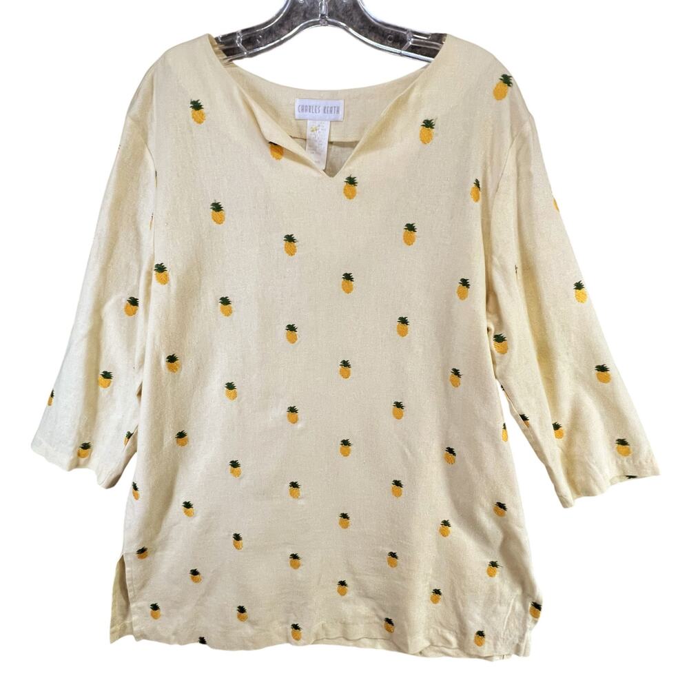 Vintage Charles Keath‎ Tunic Top Womens L Yellow Linen Blend Pineapple Tropical
